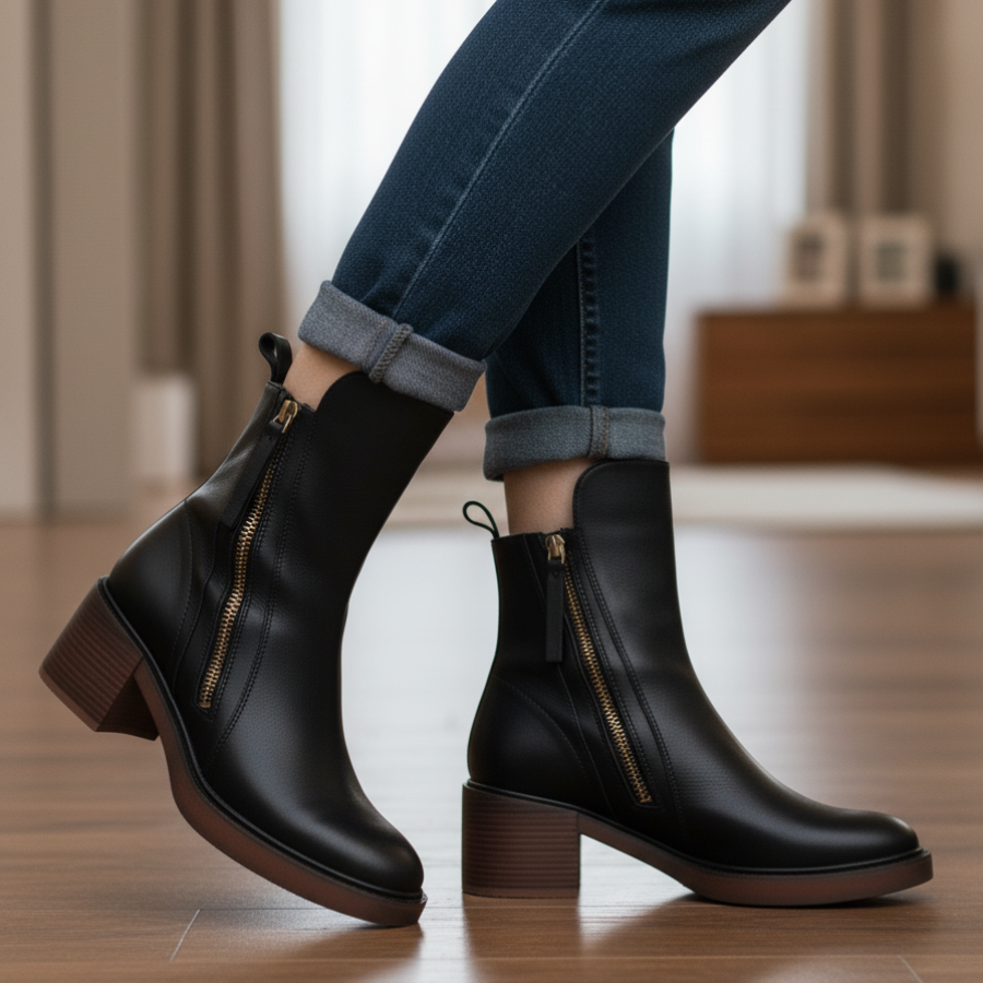 Valorine™- Botte en cuir noire avec un talon confortable, élégante et intemporelle