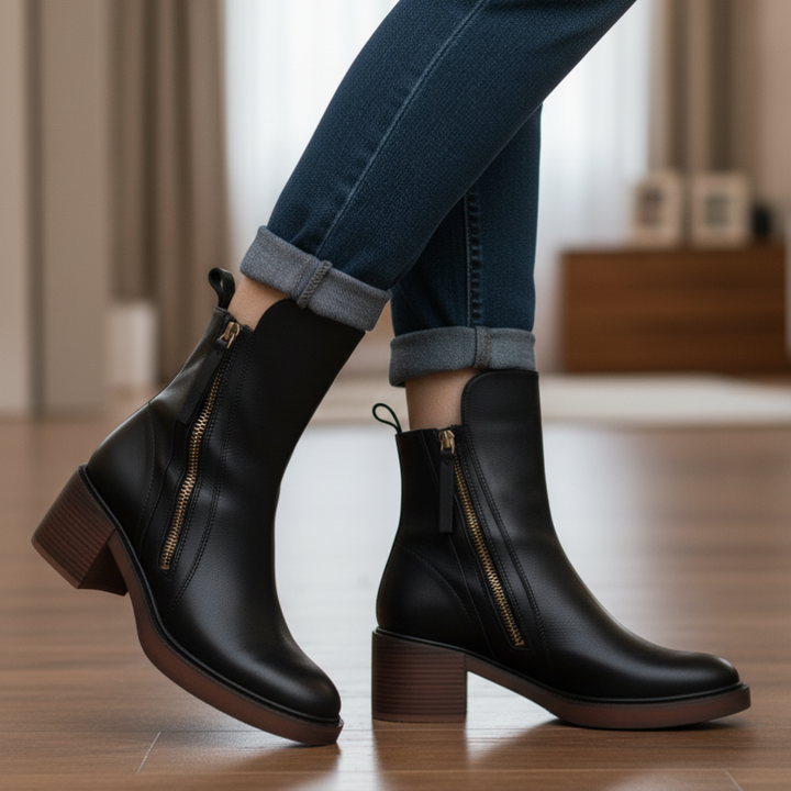 Valorine™- Botte en cuir noire avec un talon confortable, élégante et intemporelle