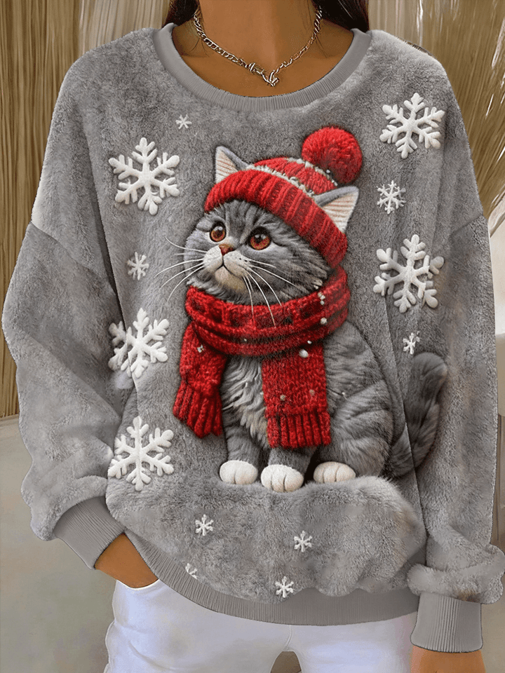 Sweat à Capuche Flanelle Casual avec Imprimé de Chat de Noël pour Femmes